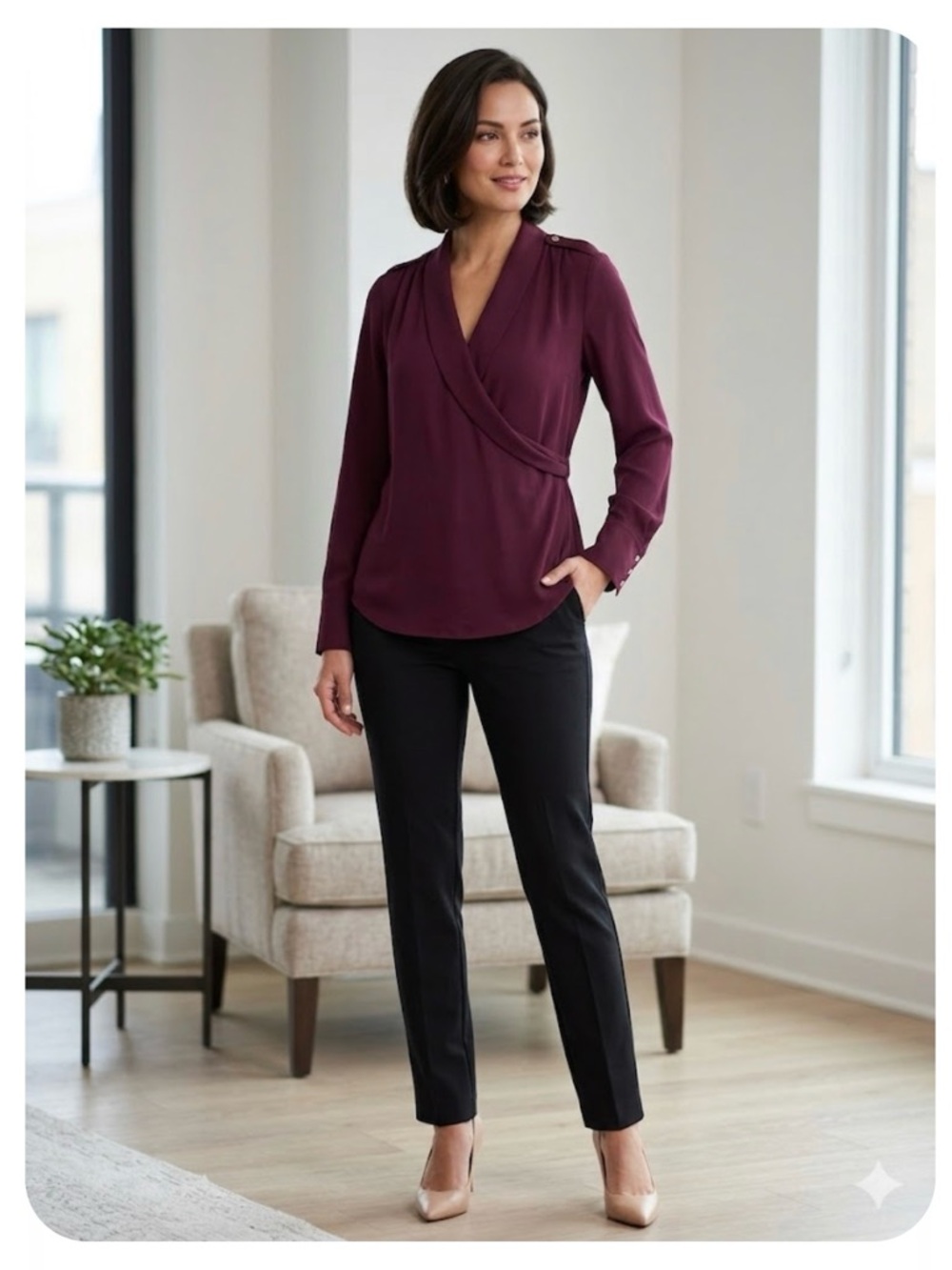 White House Black Market Plum Wrap Blouse